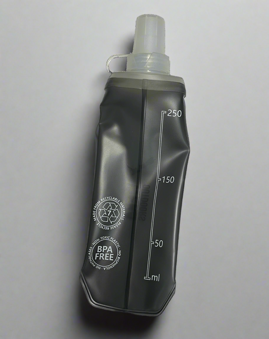 Black flexi water bottle with measurement markings