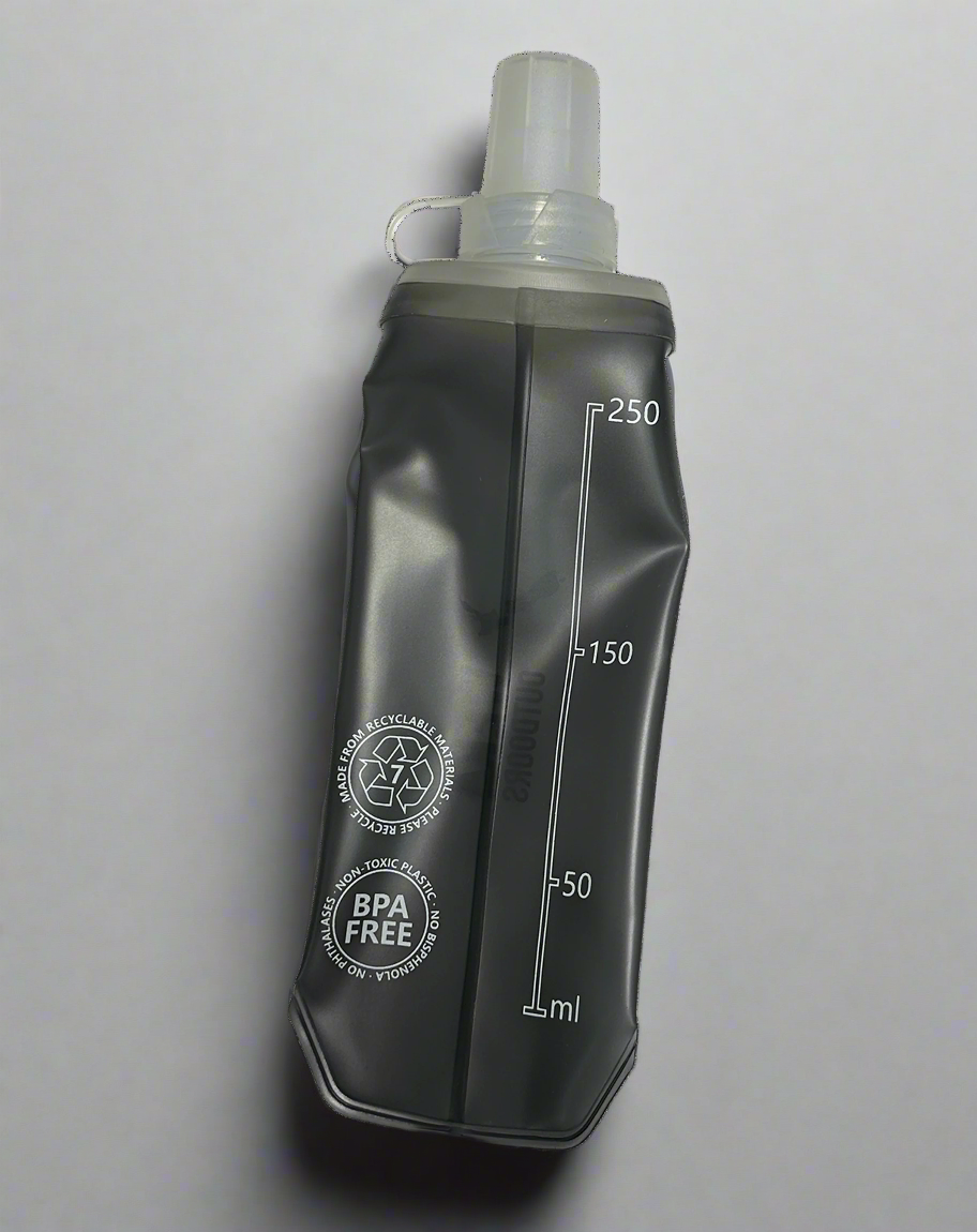 Black flexi water bottle with measurement markings